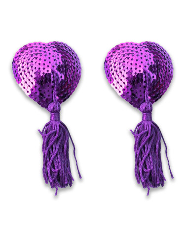 Hearts Nipple Stickers with Sequins and Tassels Purple