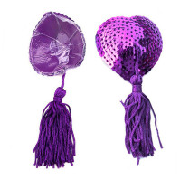 Hearts Nipple Stickers with Sequins and Tassels Purple