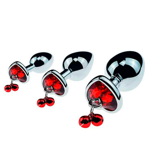 Set of metal anal plugs with a leash and a heart Art of Sex Metal Anal Plug red