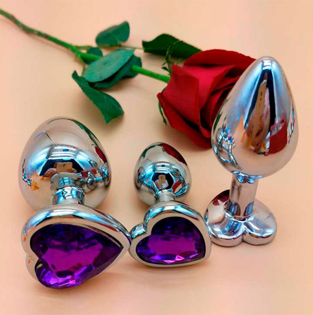 Set of 3 steel anal plugs heart-shaped (S/M/L) purple