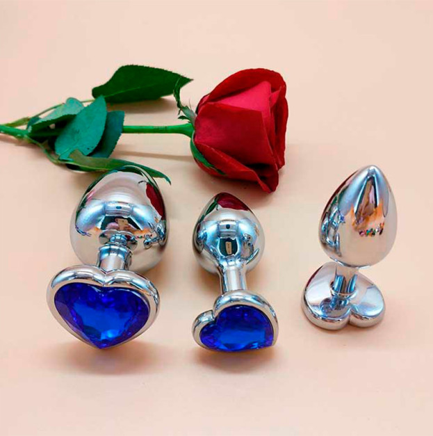 Set of steel anal plugs heart 3 pcs (S/M/L) blue