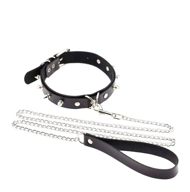 Choker collar with leash and spikes black