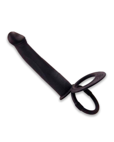 Vibrating Cock Ring with Double Penetration Dildo Black