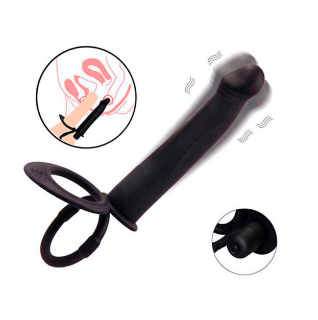 Vibrating Cock Ring with Double Penetration Dildo Black