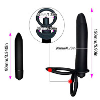 Vibrating Cock Ring with Double Penetration Dildo Black
