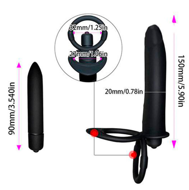 Vibrating Cock Ring with Double Penetration Dildo Black