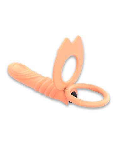 Erection ring + vibration with a textured dildo for double penetration beige