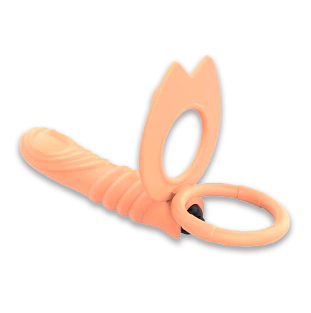Erection ring + vibration with a textured dildo for double penetration beige