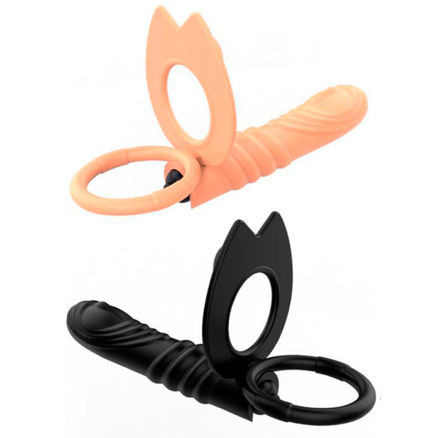 Erection ring + vibration with a textured dildo for double penetration beige