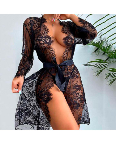 Beautiful transparent lace robe with bra and thong black