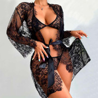 Beautiful transparent lace robe with bra and thong black