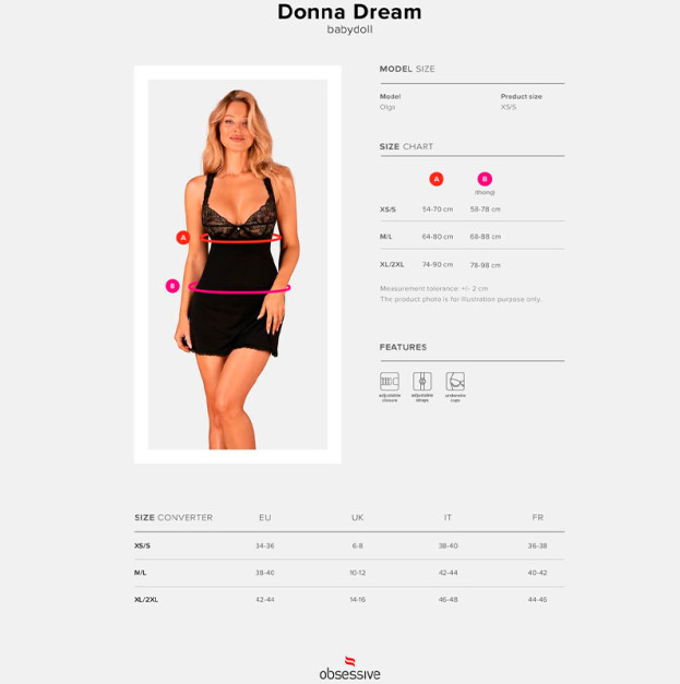 Сукня бебі-дол та трусики Obsessive Donna Dream Babydoll Black XL/XXL