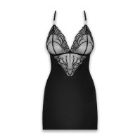 Сатиновий комплект для сну з мереживом Obsessive 828-CHE-1 chemise & thong Black L/XL