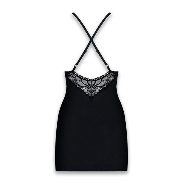 Сатиновий комплект для сну з мереживом Obsessive 828-CHE-1 chemise & thong Black L/XL