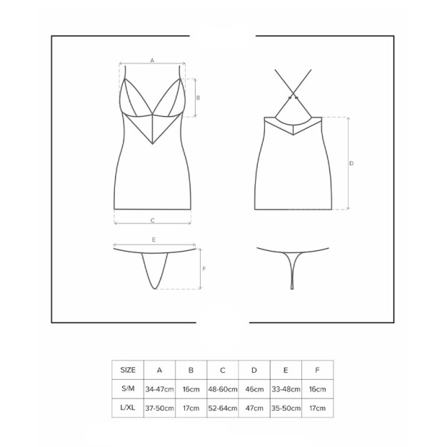 Сатиновий комплект для сну з мереживом Obsessive 828-CHE-1 chemise & thong Black S/M