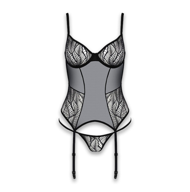 Корсет та трусики Passion Leafa Corset Black XXL/XXXL