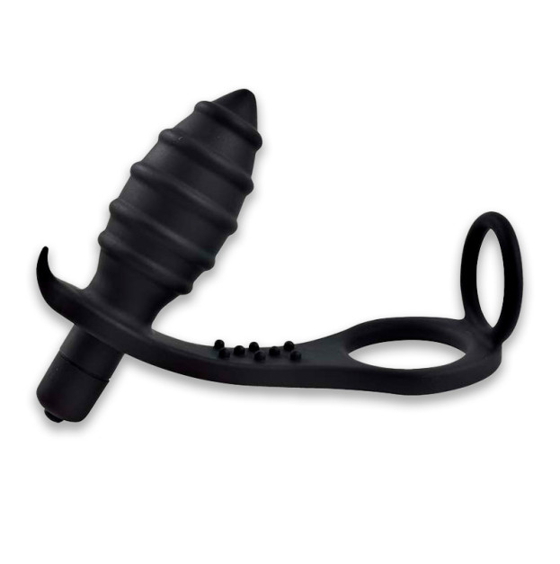 Prostate Stimulator with Penis and Scrotum Ring Black
